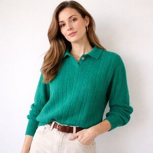 Vintage 90s Liz Claiborne Cable Knit Lambswool Collared Polo Sweater Green M